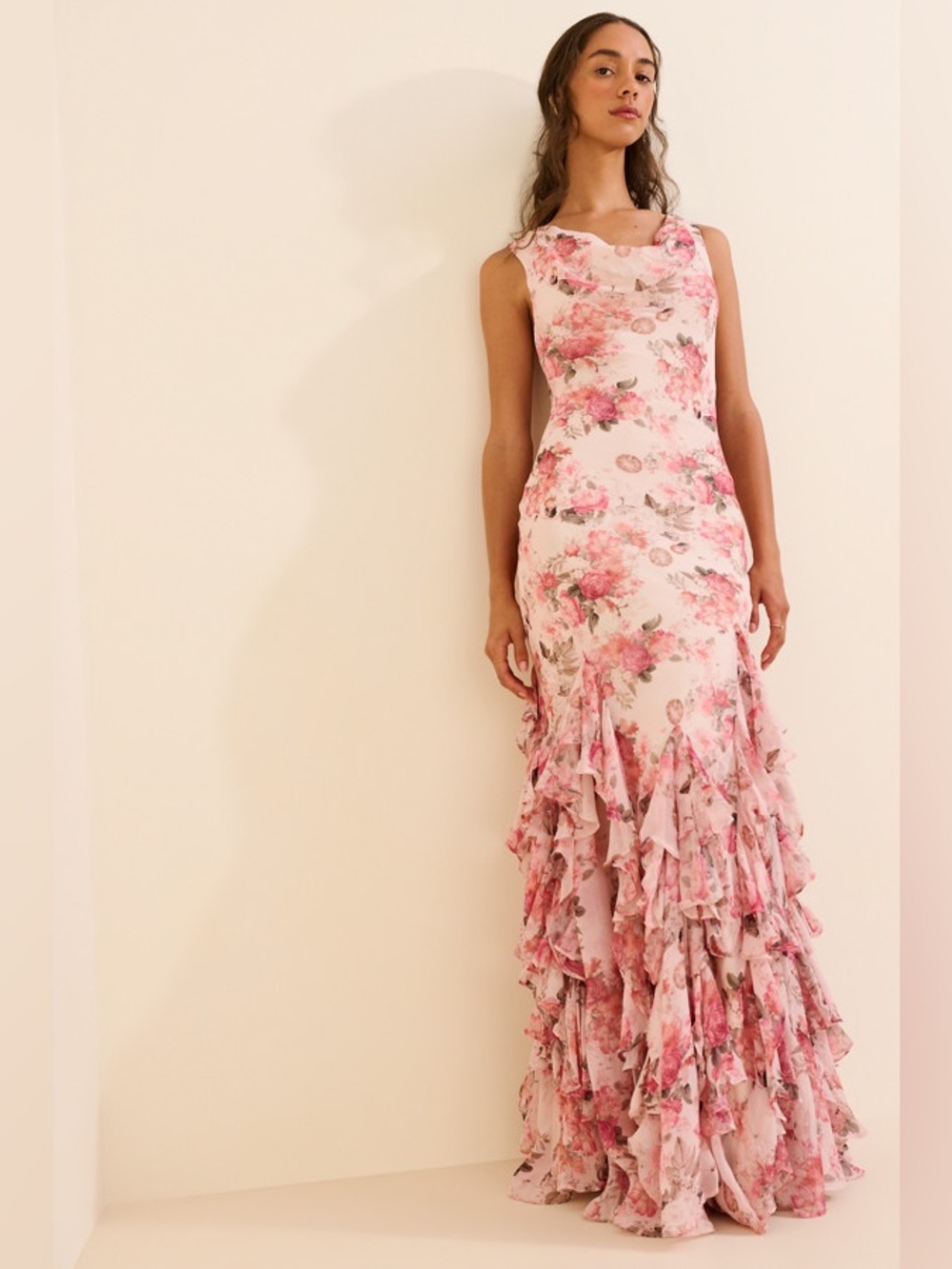 Anthropologie BHLDN Chiffon Scoop Cowl Maxi Dress Gown Floral Pink Blush Ruffle